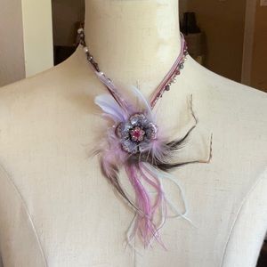 Purple, White and Pink Feather and Stones Necklace, Pre-owned